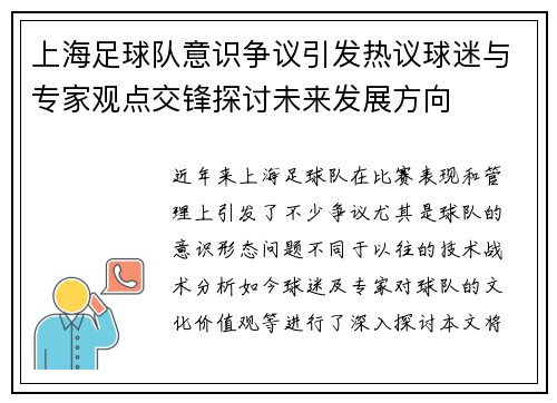 上海足球队意识争议引发热议球迷与专家观点交锋探讨未来发展方向