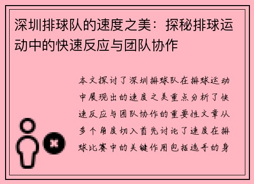 深圳排球队的速度之美：探秘排球运动中的快速反应与团队协作