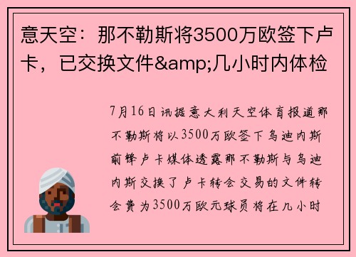 意天空：那不勒斯将3500万欧签下卢卡，已交换文件&几小时内体检